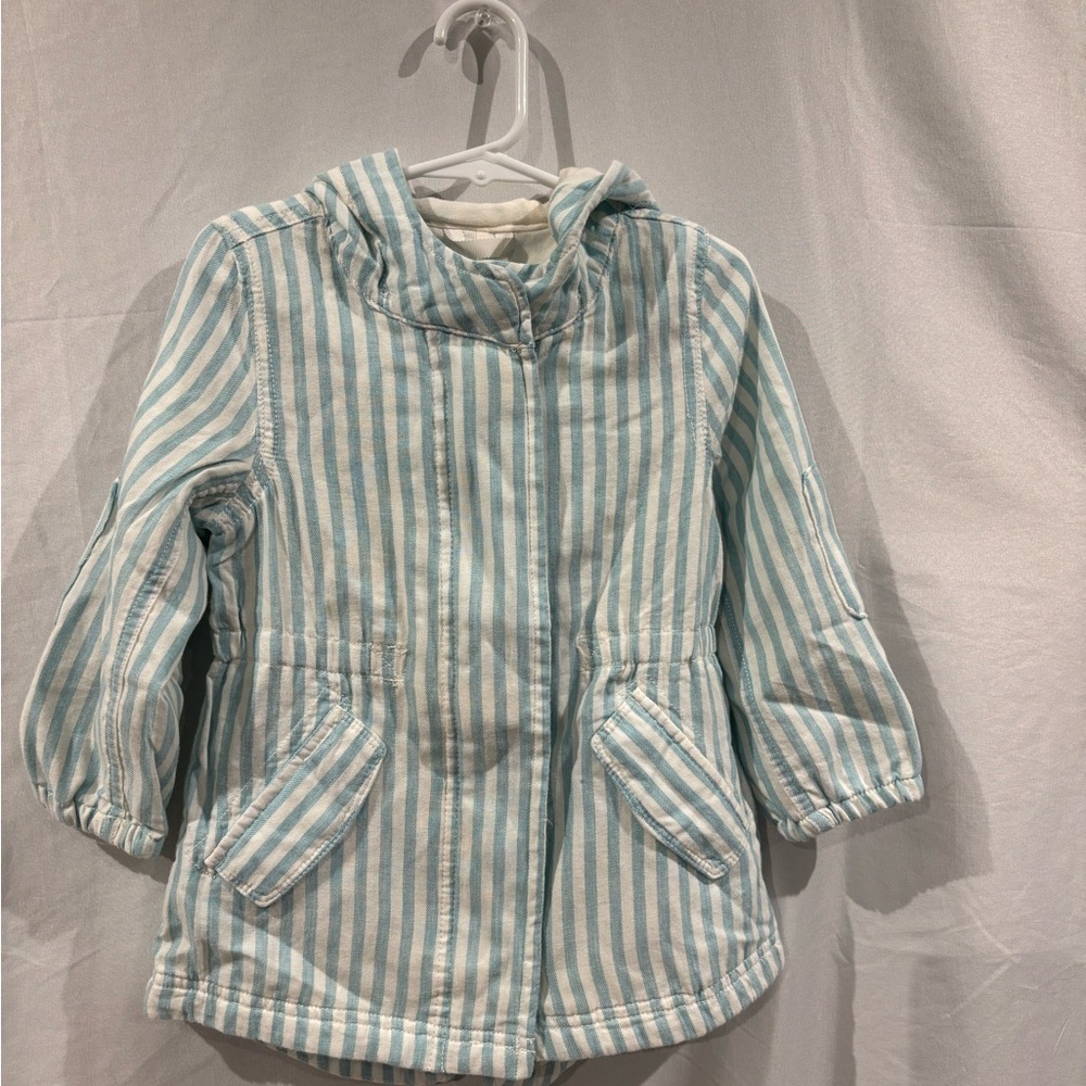 GAP Kids Light Blue and White Striped Puffer Jacket